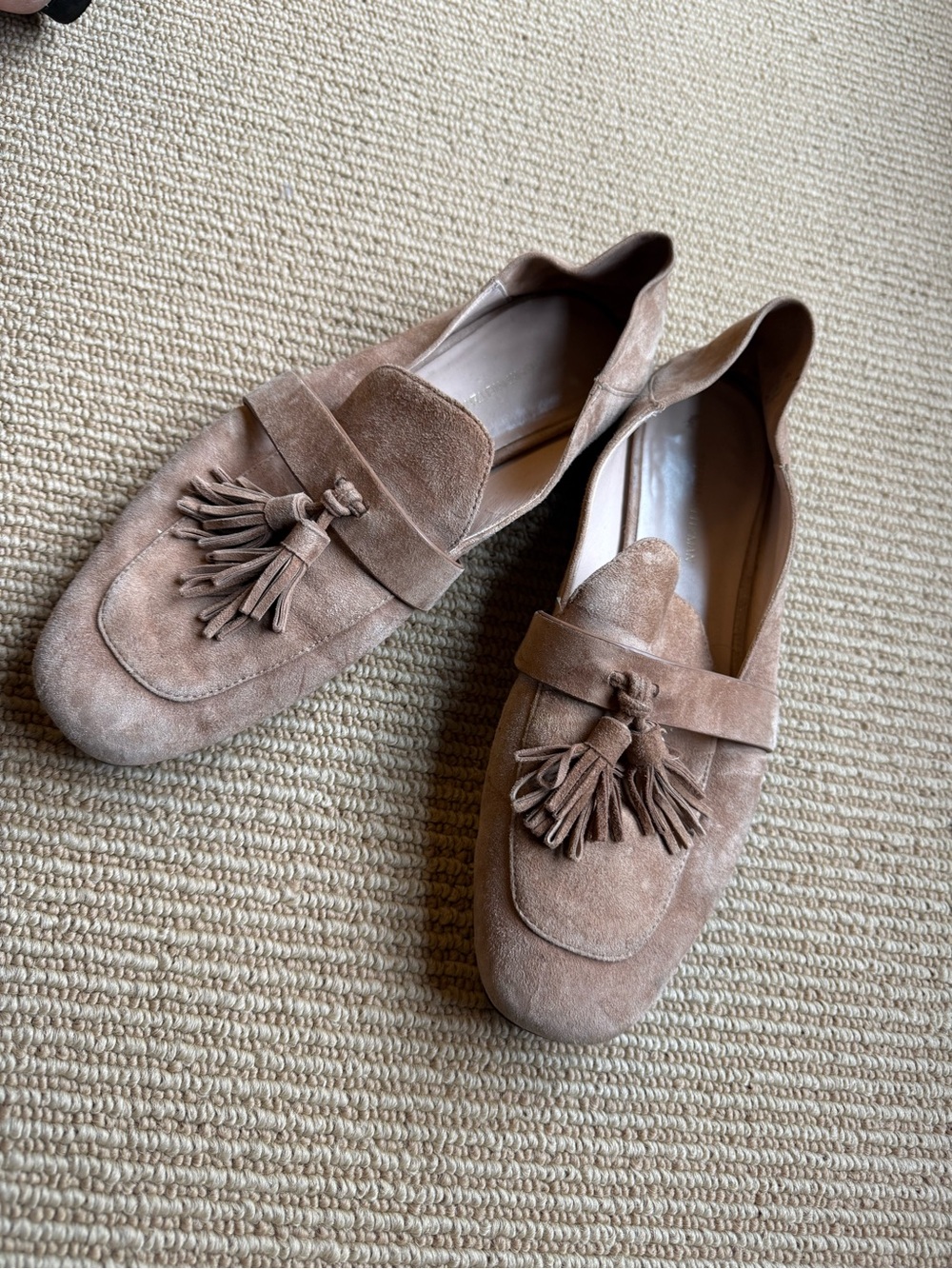 Stuart Weitzman Taupe Suede Tassel Loafers